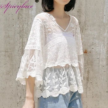 

30pc Summer White Floral Flowers Lace Blouse Casual Shirt Women Tops Elegant Hollow Out Summer Tops Female Short Sleeve Blusas