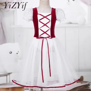 

YiZYiF Kids Girls Velvet Mesh Ballet Dress Lacework ballet tutu Dress Short Bubble Sleeves Dance Gymnastics Leotard Tutu Dress