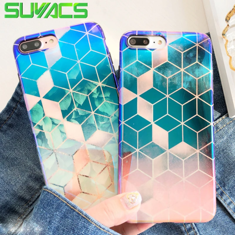 

SUYACS For iPhone 6 6S 7 8 Plus X Case Blu-Ray Geometric Pattern Gradient Color Soft Silicon IMD Phone Cases Back Cover Coque