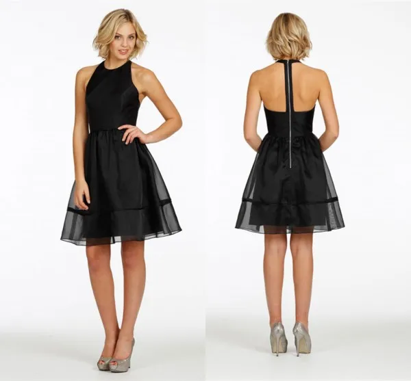 2014 New Arrival Simple Black Bridsmaid s Gown Halter Backless Adult Satin Knee Length Ball Gown