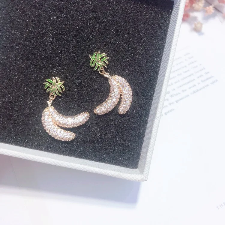 banana full cubic zircon fruit earring Hypoallergenic fadeless fashion jewelry stud earrings for women girl Christmas gift