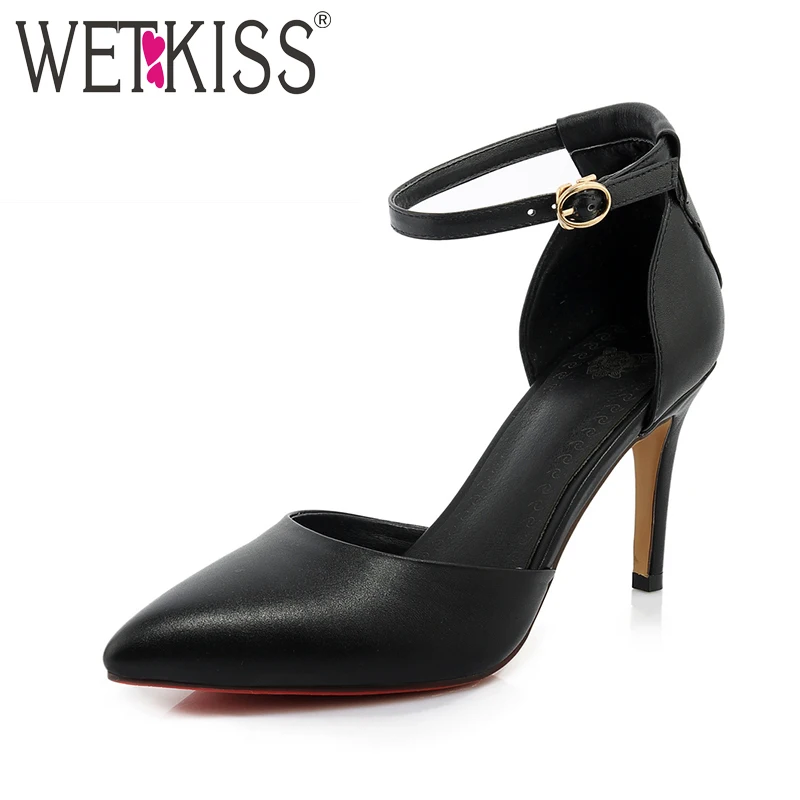 

WETKISS 2017 Cow Genuine Leather Summer Shoes High Heels Women Sandals Ankle Strap Pointed toe Dress Shoes Woman Elegant Sandals