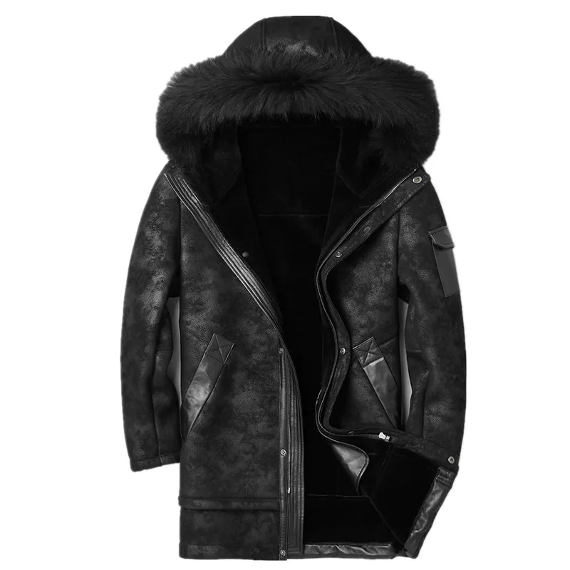 Genuine Leather Jacket Winter Jacket Men Raccoon Fur Collar Sheepskin Coat for Men Wool Fur Liner Warm Jacket F-CQ-1807 MY1808 - Цвет: black