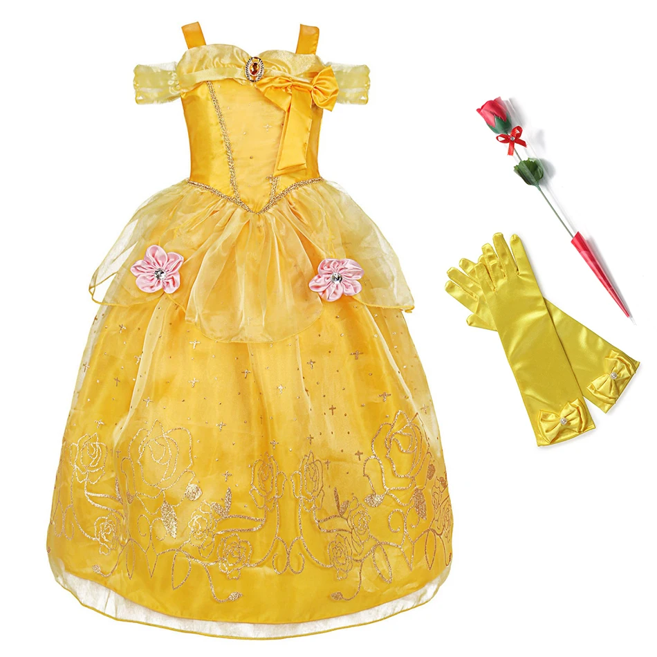 Детское платье принцессы Белль для девочек; карнавальный костюм; Красавица и Чудовище; бальное платье с цветами; детское нарядное платье на Хэллоуин для девочек - Цвет: Dress Set3