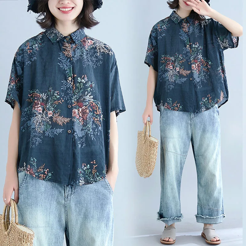 

Ethnic Femme Linen Blouses Summer Turn Down Collar Loose Tops Casual Short Sleeved Retro Irregular Floral Shirt Women Clothing
