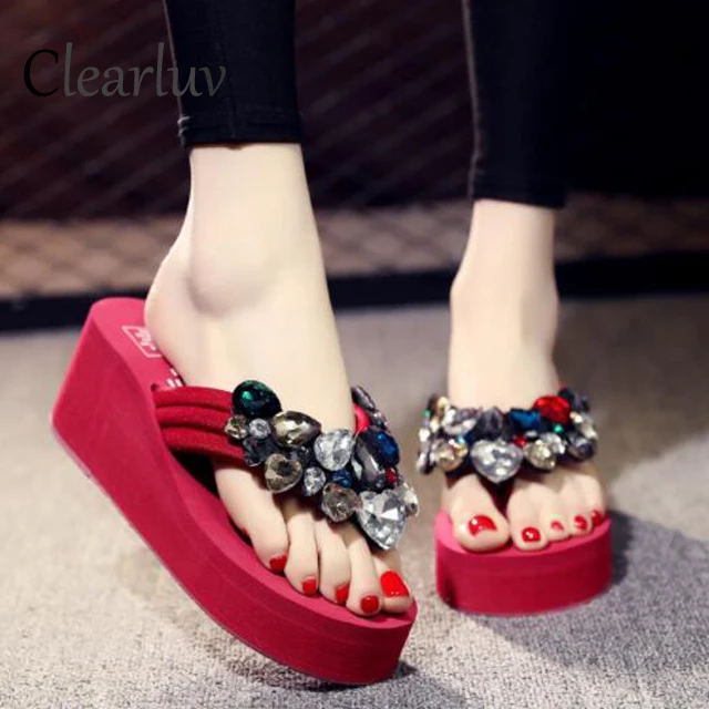 

New fashion crystal waterproof platform ladies slippers ladies sexy rhinestone wedges high heel sandals large size women's shoes