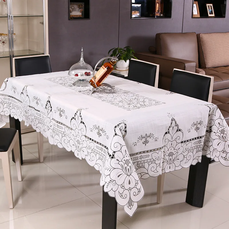 

Countryside Tablecloth Slub Yarn Flower Print Hollow European Style Cover Washable Table Cloth for Tea Table