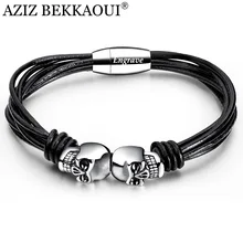 AZIZ BEKKAOUI винтажные черные браслеты с двойным черепом для мужчин выгравированное имя из нержавеющей стали персонализированное имя браслет мужские ювелирные изделия