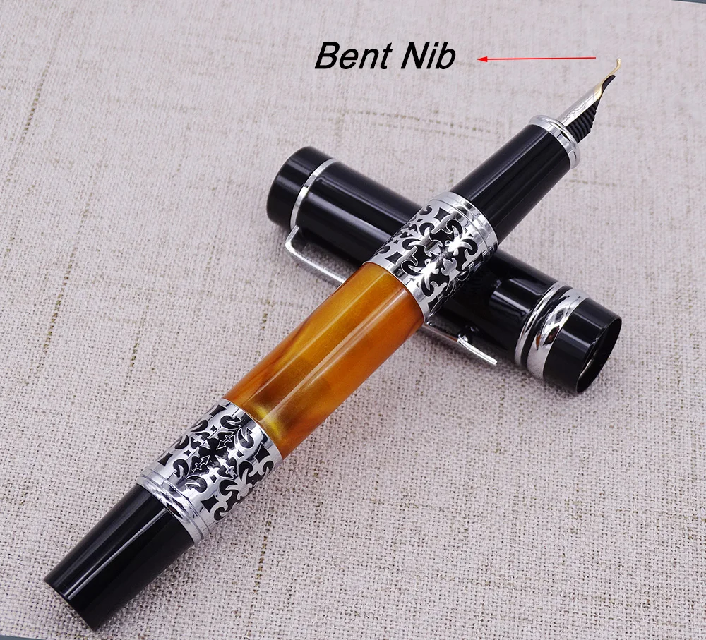 

Yiren Celluloid Calligraphy Fountain Pen Bent Nib Beautiful Silver Flower Pattern Ink Pen Business Office Home School Supplies