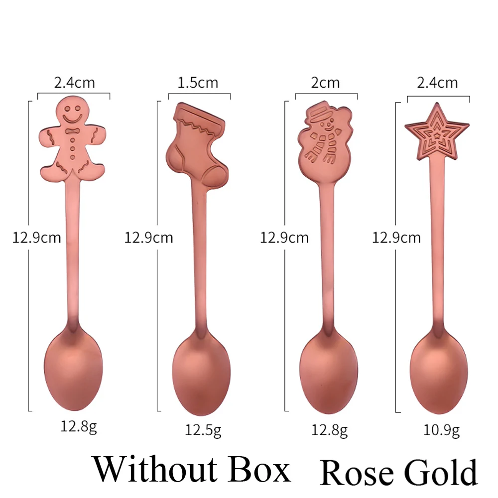 1 Набор рождественских кофейных ложек из нержавеющей стали, ложка для мороженого, десертов, снеговик, Детские питьевые ложки для чая, посуда - Цвет: RoseGold without box