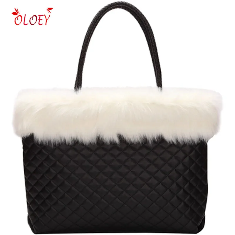

Elegant Fur Plaid Leather Shoulder Handbags for Women Ladies Vintage Large Capacity Totes Bags Female Luxury Handbag 2018 New