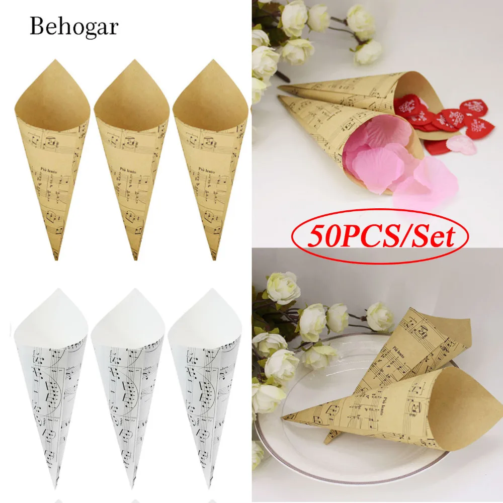 

Behogar 50 PCS Retro Kraft Paper Cones Bouquet Candy Chocolate Bags Boxes Wedding Party Gifts Packing with Tape Note Style