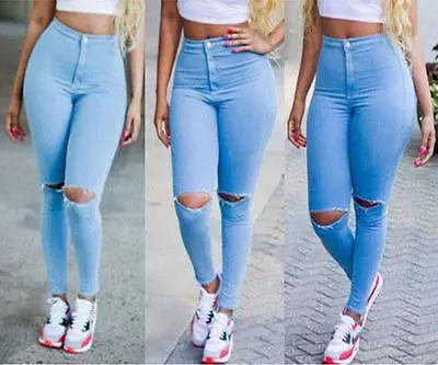 Mujeres Sexy Talle Alto Jeans Flaco Elastico Pantalones Rasgados