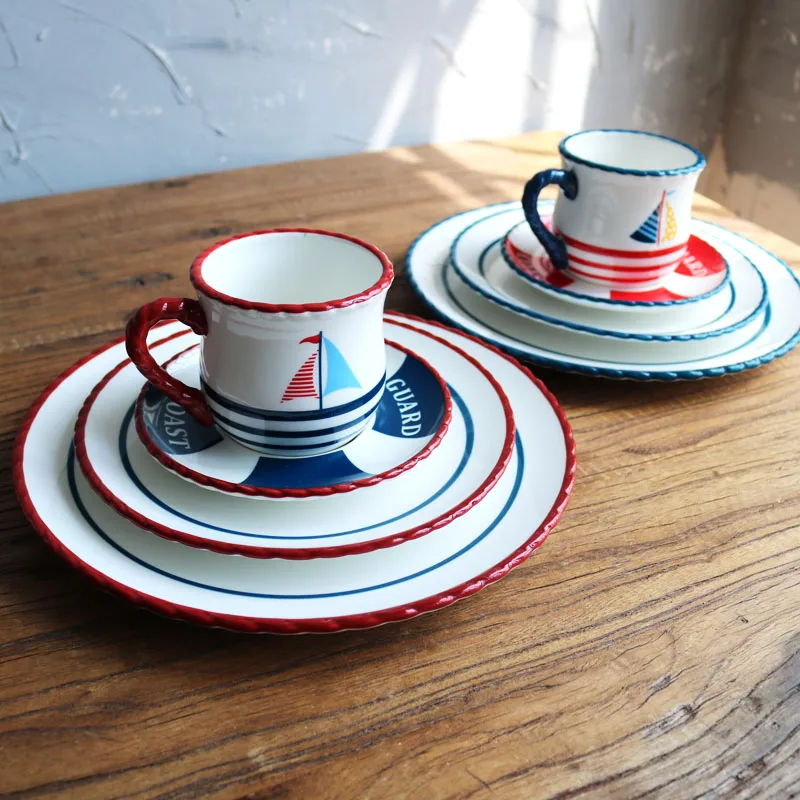 

Ceramic Red and Blue Colors Marine Theme Sailboat Anchor Creative Dinner Plate/8'' 10'' Plate