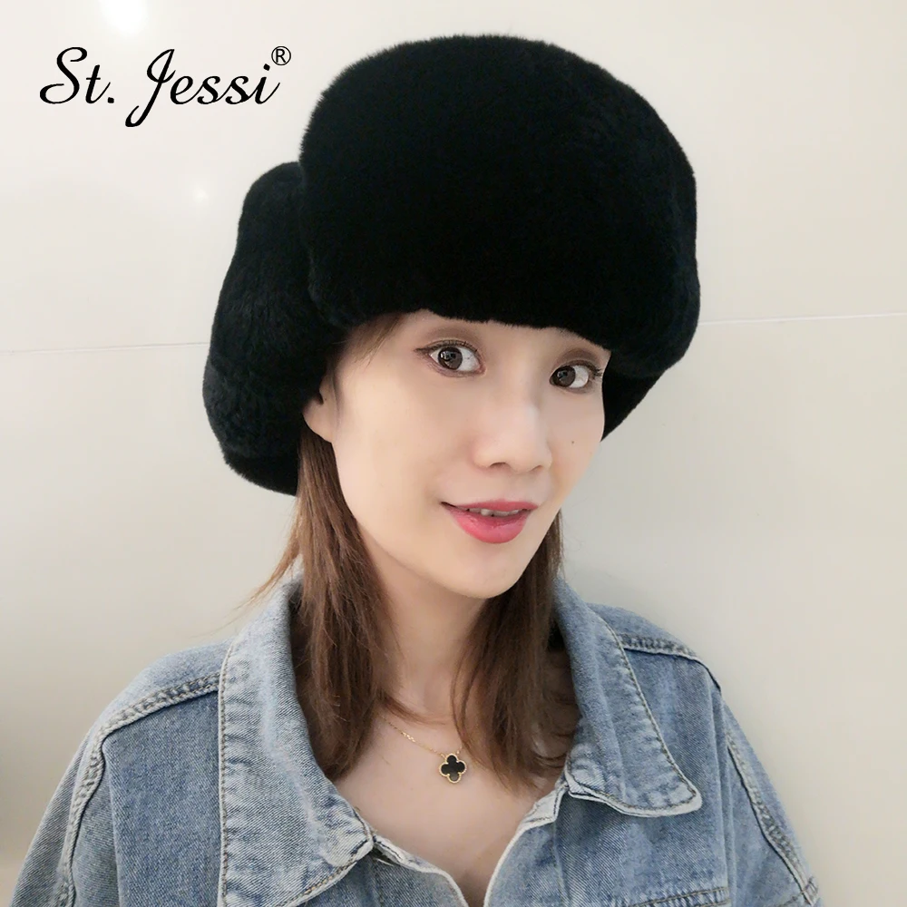 

ST.Jessi 2019 Fur Hat Cap Unisex Natural Real Rabbit Fur Russian Ushanka Bomber Hats With EarMuffs Windproof Earflap Gorra Cap