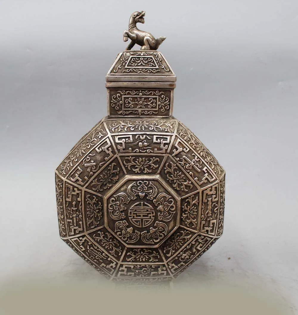 

DS 14"Marked Chinese China Silver Kylin eight treasures Vase Flower Bottle Pot