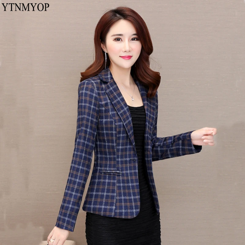 YTNMYOP Office Lady Blue Plaid Blazer Women One Button Long Sleeve
