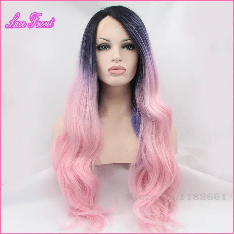 

Fashion Sexy Ombre Synthetic Lace Front Wig For Black Women Heat Resistant Dark Puple Pink Two Tones Natural Long Wavy Hair