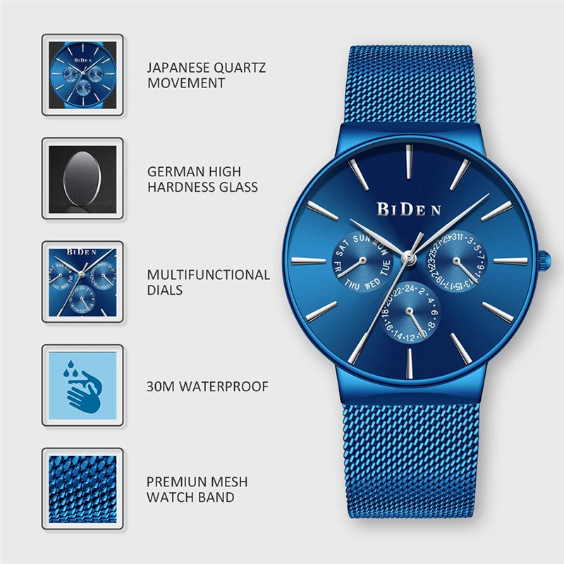 Unique Royal Blue Mens Watch Top Luxury BIDEN Iron Net Web Mesh Bracelet Watch Men Clock 3