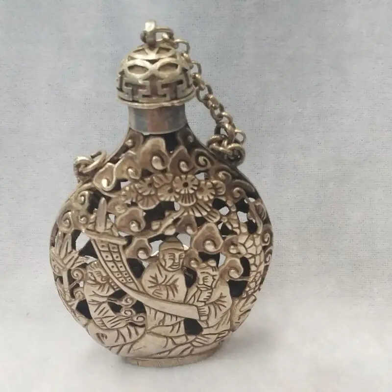 

Art collection Metal bottle crafts, Tibet silver handmade Carved People and flowers snuff bottle with chain,Decorative bottle