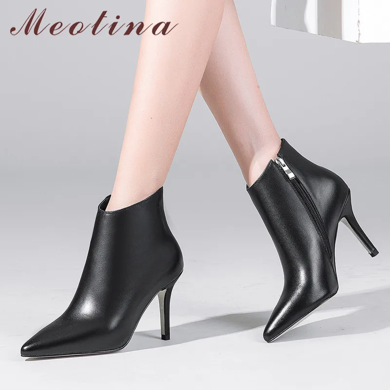 

Meotina Fall Genuine Leather Ankle Boots Women Zipper Thin Heel Short Boots Cow Leather Super High Heel Shoes Lady Winter 34-39