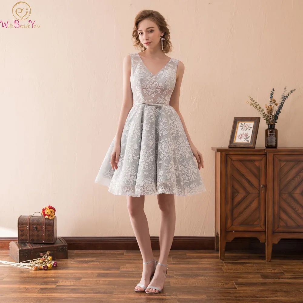 

Romantic Silver Cocktail Dresses Sleeveless Elegant V Neck A Line Above Knee Tull Petal Power ever pretty Party robe de cocktail