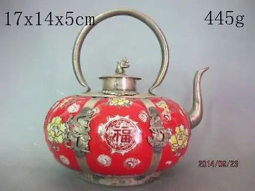 

Exquisite Chinese Collectible handwork Red porcelain teapot with Tibetan Silver Monkey lid