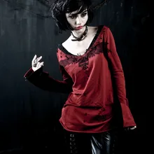 Панк Рейв черный и красный полный рукав хлопок футболка с черепом Дизайн T-272