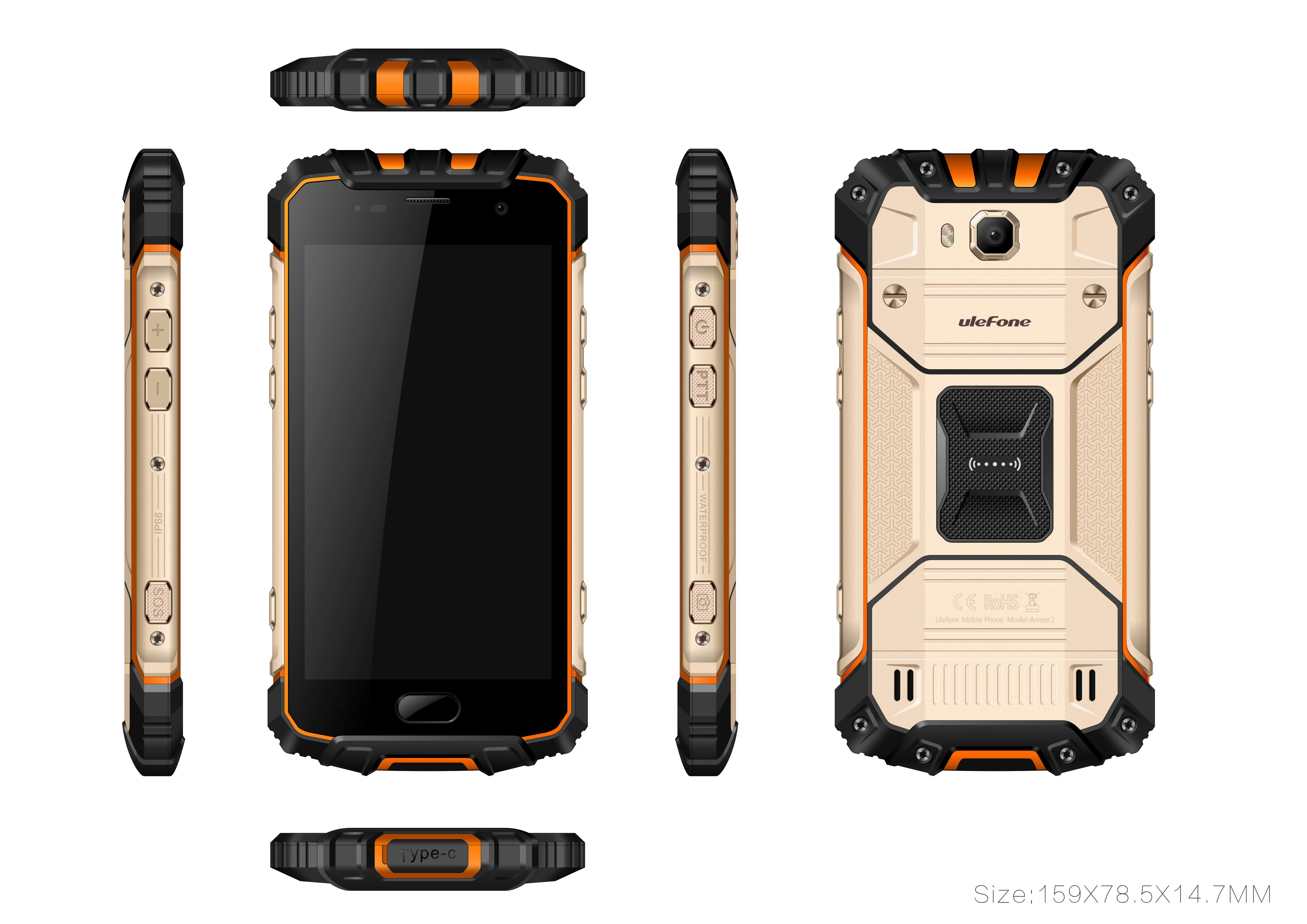 Ulefone Armor 2 IP68 водонепроницаемый мобильный телефон 5,0 дюймов FHD 6 ГБ ОЗУ 64 Гб ПЗУ Helio P25 Восьмиядерный 2,6 ГГц NFC 4700 мАч пылезащитный 4G - Цвет: Gold