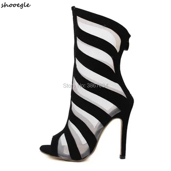 

SHOOEGLE Sexy Women Mesh Ankle Boots See-Through High Heels Peep Toe Zip Booties Summer Party Shoes