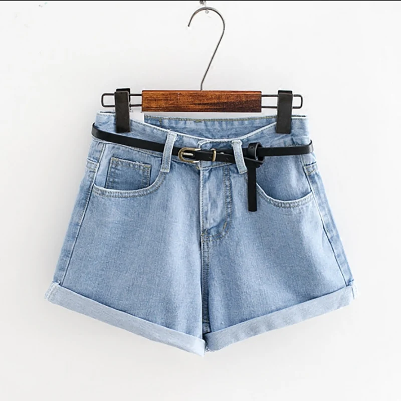 

Womens Brand Newest Spring Short Jeans Brand Mid Waist Denim Blue Button Fly With Pockets and Belt Cuffed Shorts