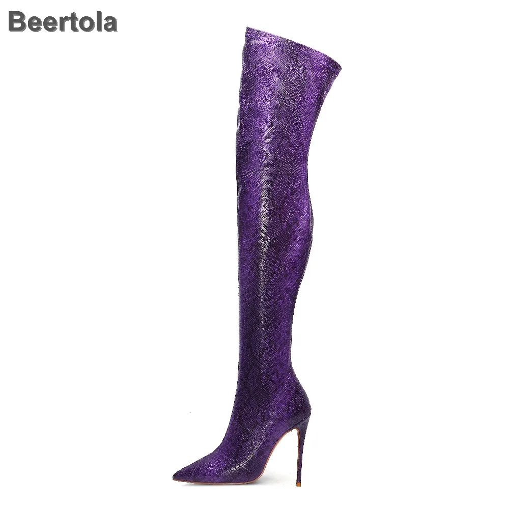 Ботфорты до бедра женские сапоги со змеиным принтом специальные эластичные сапоги фиолетовое платье для вечеринки на молнии пикантная Женская Клубная обувь