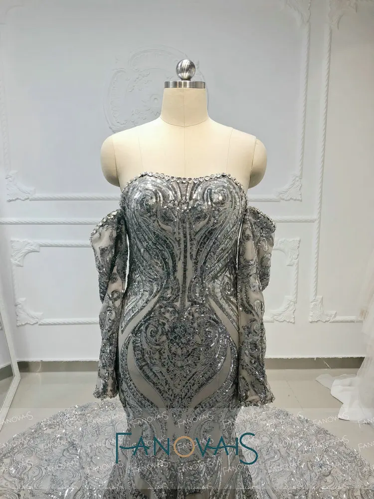 Серебряные сверкающие вечерние платья со съемным длинным Leeves Sequin Merimaid вечерние платья для выпускного вечера De Fiesta
