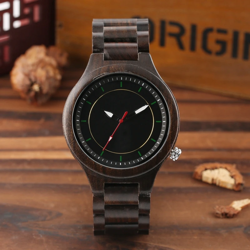 

Men Watch Male Clock Fashion Red Pointer Green Scale Round Dial Quartz Wrist Watches With Adjustable Wooden Band Reloj De Madera
