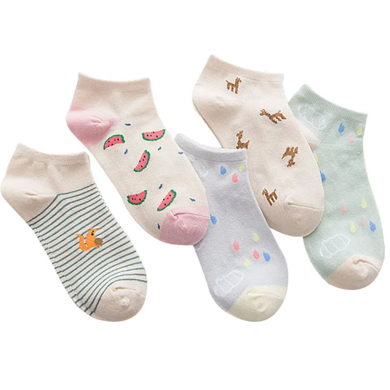 5 пар, женские короткие носки милые забавные простые носки в полоску с животными, фруктами для девочек Удобные Хлопковые женские носки на лето и осень, Meias
