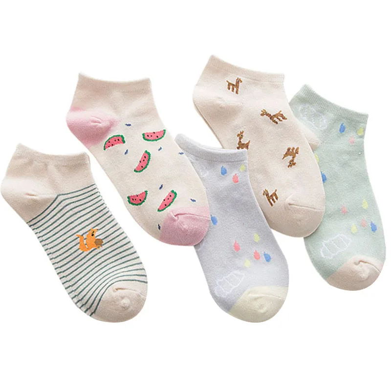 

5pairs Women Ankle Socks Cute Animals Fruits Striped Fun Funny Simple Girls Socks Summer Autumn Comfort Cotton Women Sock Meias