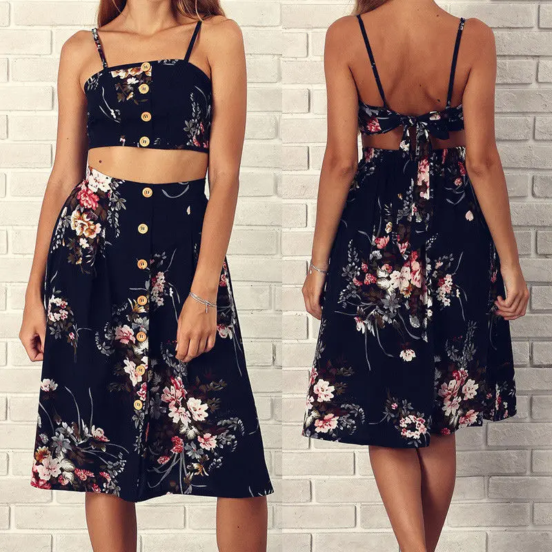 2 шт. Для женщин Bodycon Floral Crop Топ и юбка одежда наряд дамы Повседневное Вечерние
