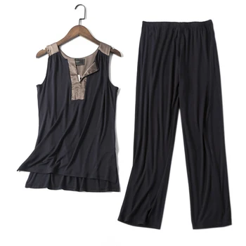 

Sexy black V-neck modal pyjamas sets women fashion Sleeveless trousers Korea pajamas mujer homewear women sleepwear plus size