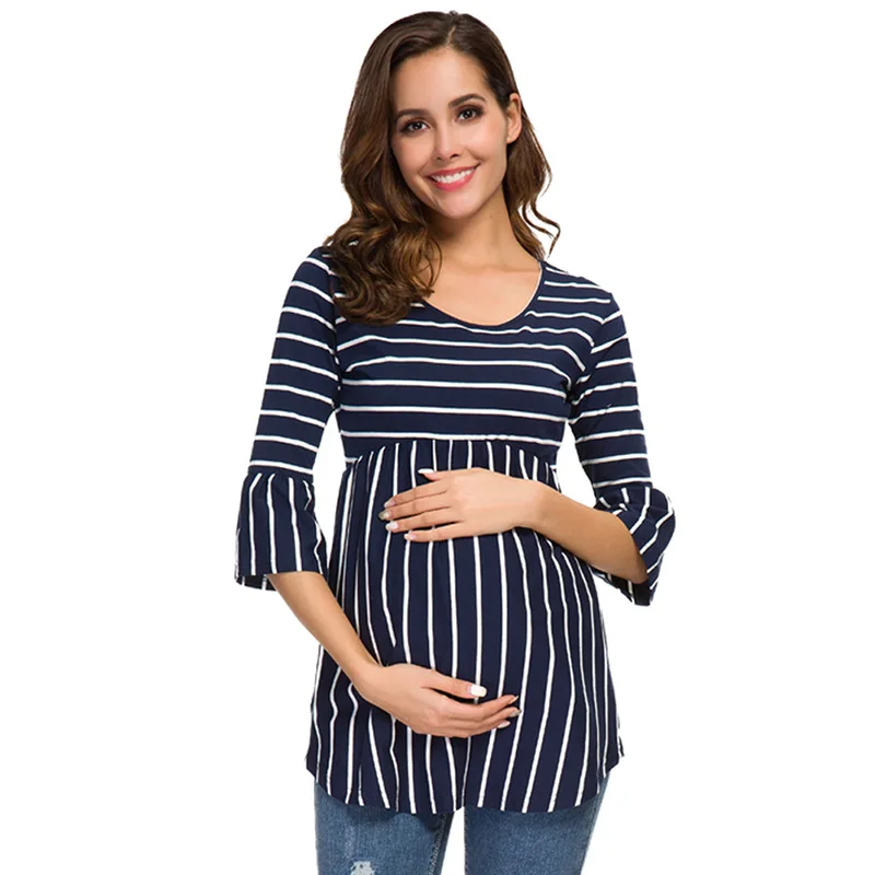 Одежда для беременных топы с рюшами Свободная блузка для беременных Полосатая Футболка Туника Повседневная модная одежда для беременных женщин рукав-колокол XL - Цвет: B