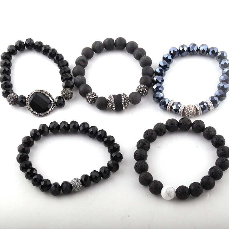 Fashion Beautiful Black Bracelet Set Natural Stone& Glass Crystal Pave Bracelets 5pc set