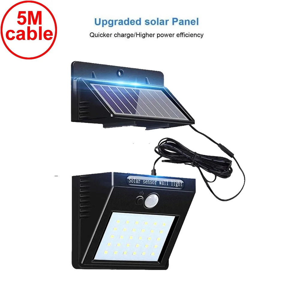

30 led 500lm solar light split mount pIR motion senser street wall indoors lamp 5M wire three mode for garden yard patio stairs