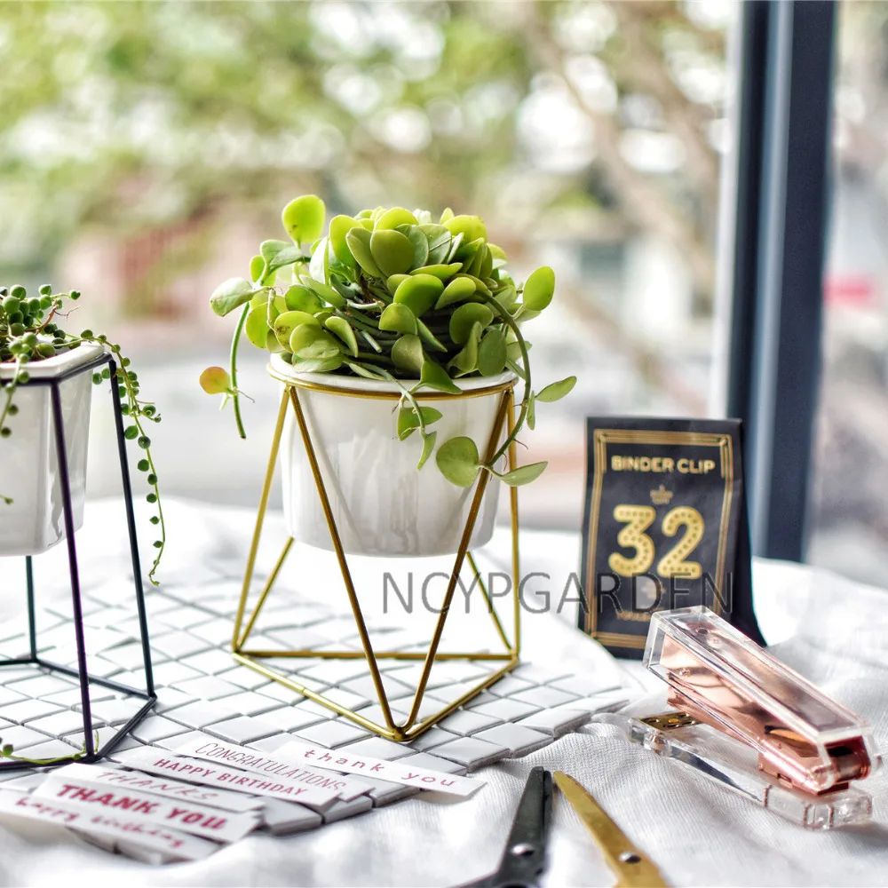 Modern Desktop White Small Ceramic Plant Flower Pot Planter with Geometric Yellow Iron Rack Holder for Succulents Herbs Cactus