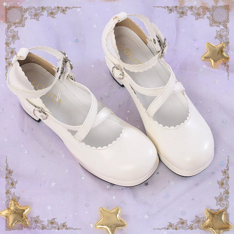 

Lolita Style Round Head Lovely Dress Shoes Cosplay PU Leather Beige High-heeled Shoes Free Shipping
