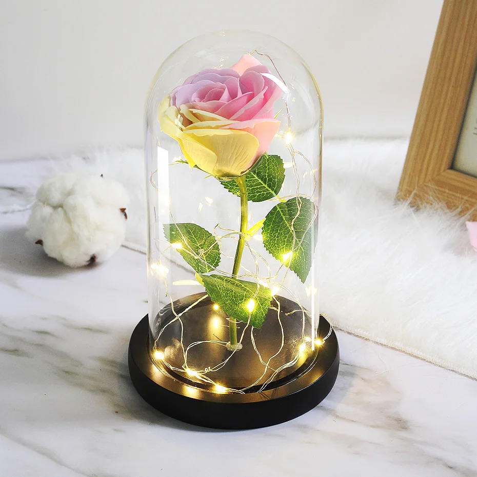 LED Lamp In Flask Glass Dome Artificial Flower with Eternal Battery Natural Real Madrid for Wedding Mother's Day Birthday Gift