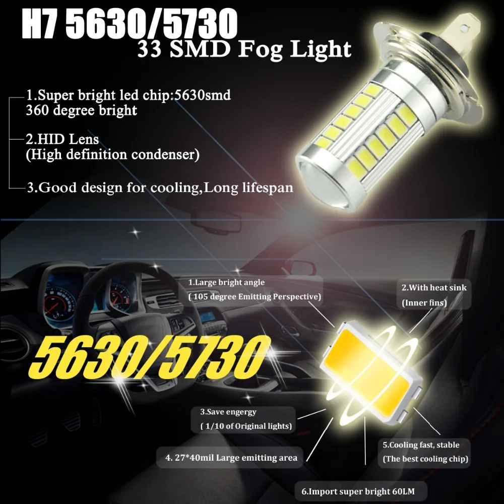 AutoEC 2 шт. H7 5630 5730 33 SMD 6000k светодиодные противотуманные фары DRL дневные ходовые огни