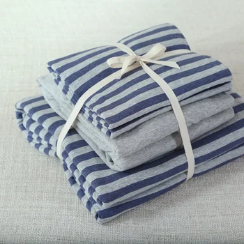 

4pcs 100% Cotton Jersey Knitted Fabric Contains 1 blue stripe duvet cover 1 solid color fitted sheet and 2 pillow cases