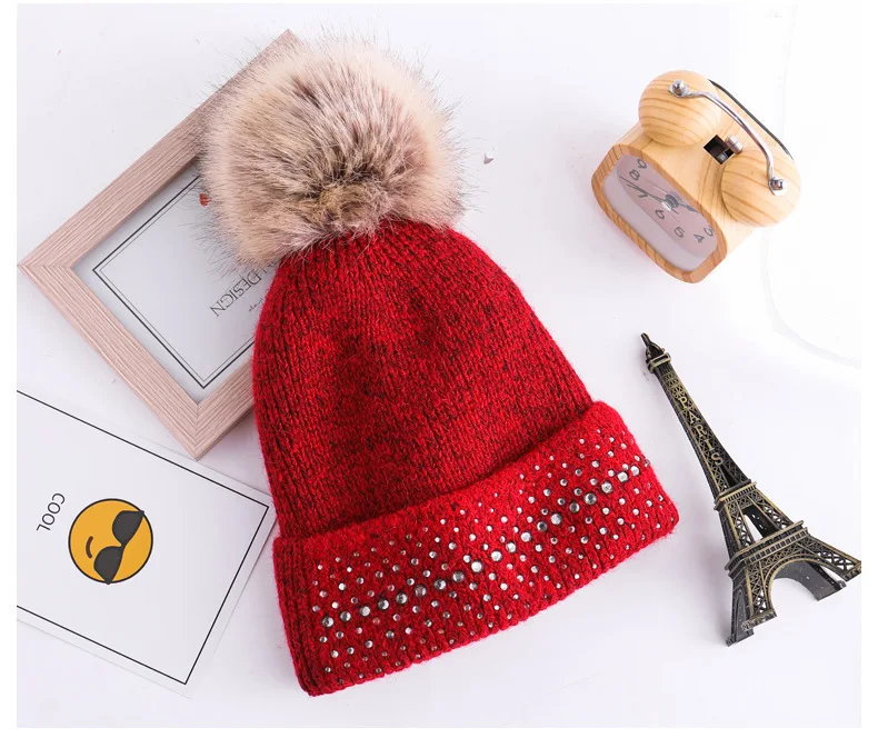 Шапка бини женская зимняя Осенняя мягкая шапка Skullies Beanies со стразами Вязаная Шерстяная Шапка Повседневная модная женская теплая шапка s