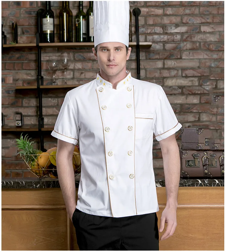 Унисекс Белый двубортный шеф повар короткий рукав работы рубашки для мальчиков Ресторан отеля кухня, столовая кухонная утварь спецодежды
