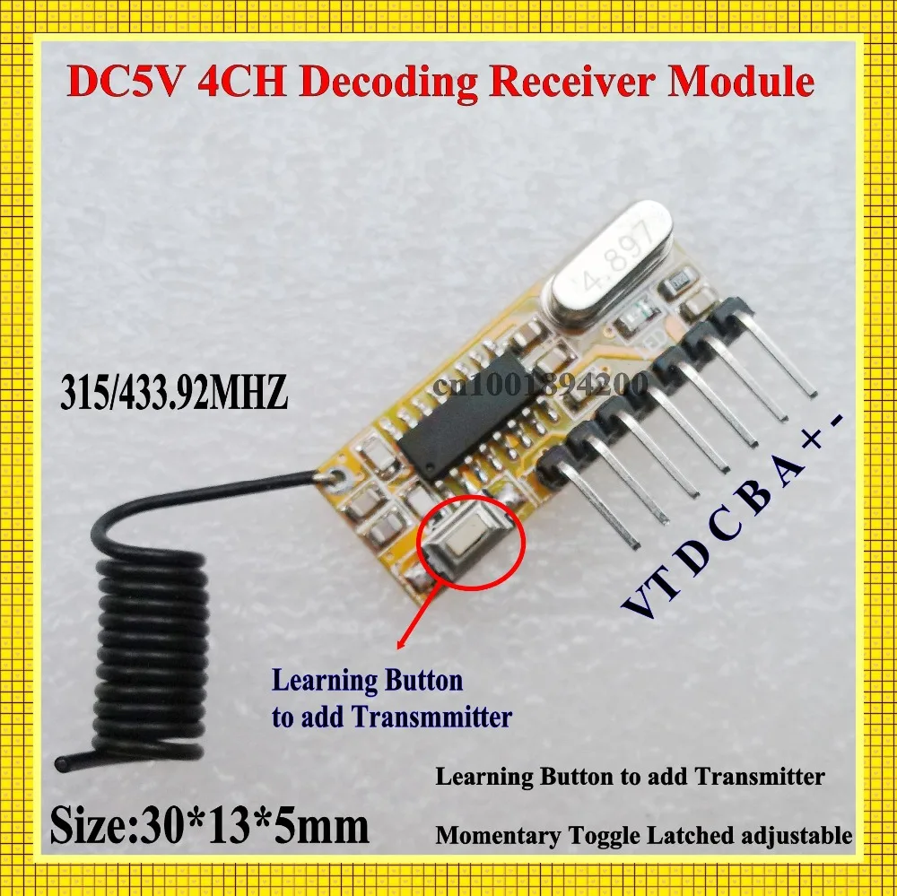 

DC 5V 4CH Decoding Receiver Module High Level TTL RF Radio RX Mini Size Super heterodyne Learning Code Jog Self-Lock Inter-Lock
