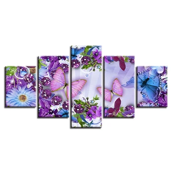 

Posters Decor Pictures Framework HD Printing 5 Pieces Beautiful Butterfly And Colorful Flowers Paintings Modular Canvas Wall Art